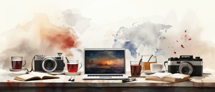 Watercolor Style Workspace with Cameras and Laptop on Table