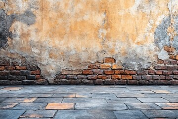Empty room with old damaged brick wall and stone floor