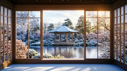 Window view out to winter landscape
