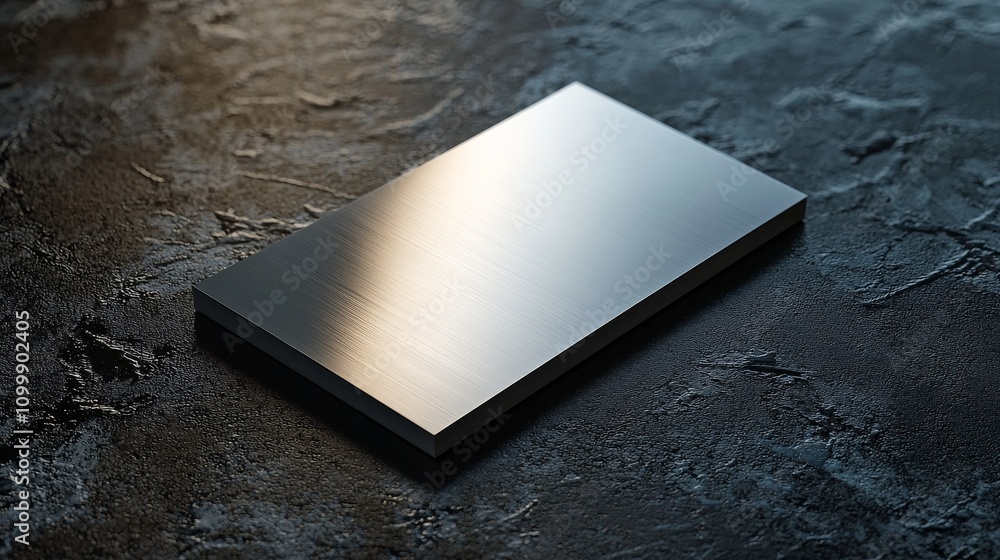 Poster a sleek, metallic rectangular object resting on a textured dark surface, reflecting light in an eleg