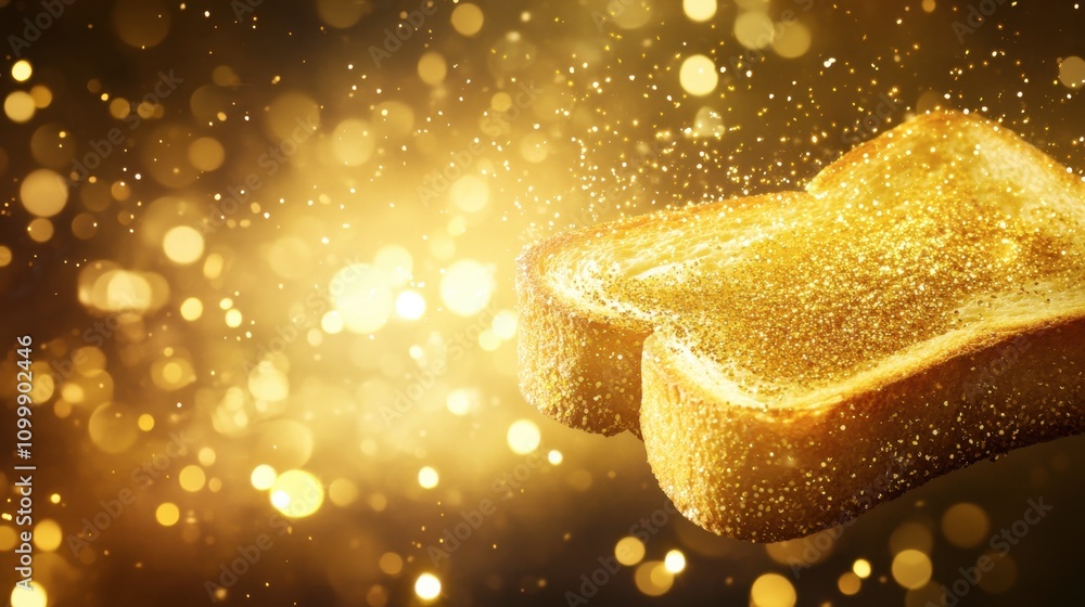 Poster golden toast with sparkling bokeh background for food concept