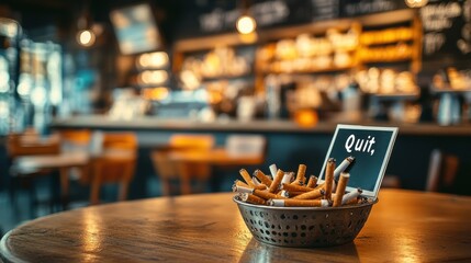 A Motivational Quit Smoking Display in a Cozy Coffee Shop Featuring a Bowl of Cigarette Butts and a Sign Encouraging Smokers to Quit for a Healthier Lifestyle