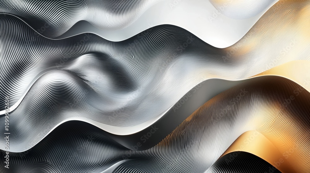 Poster a wavy abstract design featuring smooth gradients of gray, white, and gold, creating a dynamic, flui