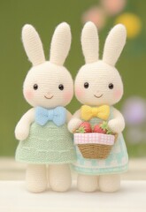 Obraz premium Cute bunnies holding a basket of strawberries in a vibrant garden.