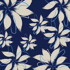 Fototapeta premium Seamless blue Flowers texture vector for clothes pattern, dark blue textile art, hand-draw style background vibrant colors, fashion artwork for Fabric print