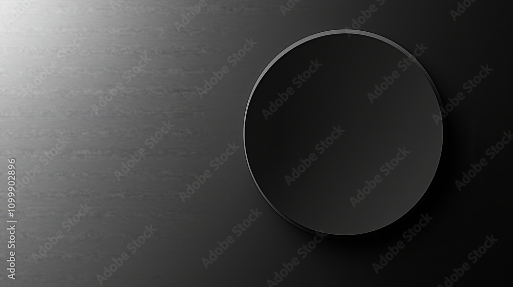 Poster a minimalist image featuring a dark circular shape against a textured black background, emphasizing 