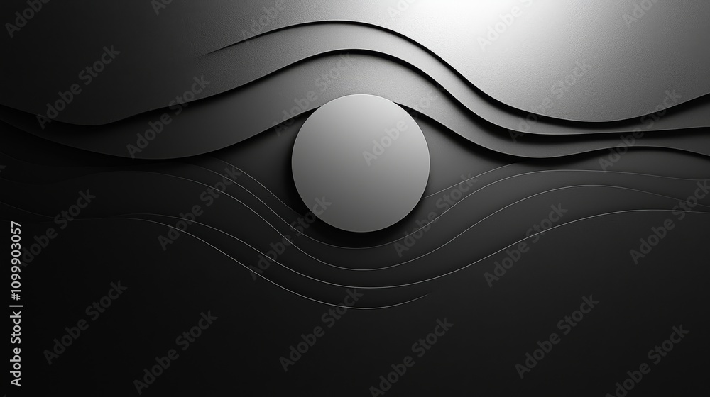 Poster a minimalist black and white design featuring a central circle with flowing lines, creating an abstr