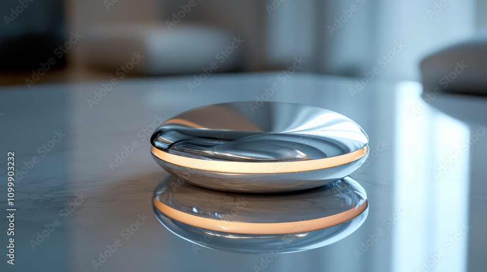 Poster a sleek, reflective circular object sits on a smooth surface, illuminated by soft lighting, creating