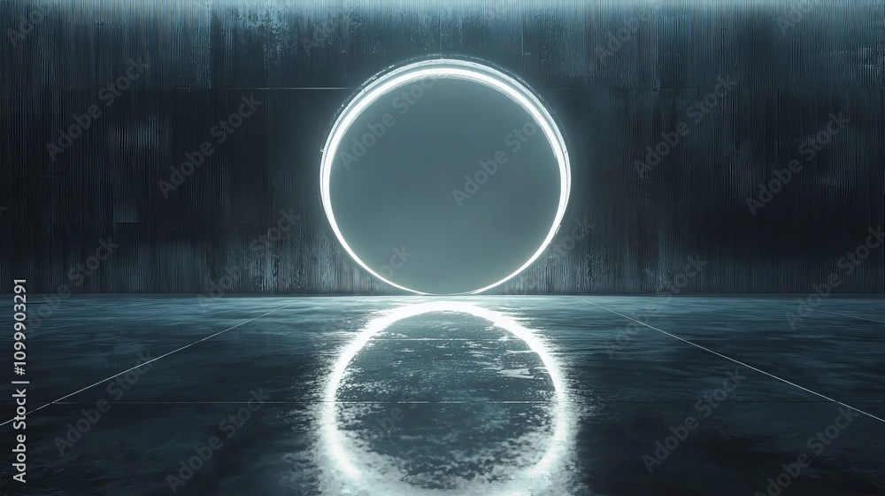 Aufkleber a glowing circular portal reflects on a wet surface, surrounded by dark textured walls, creating a f