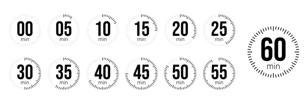 Timer, clock, stopwatch, Countdown timer, cooking time icon set. 0, 5, 10, 15, 20, 25, 30, 35, 40, 45, 50, 55, 60 minute dial. Yellow isolated set, symbol. Vector illustration