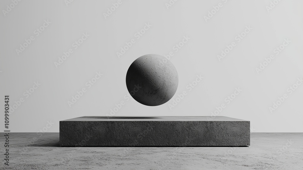 Poster a minimalist design featuring a floating sphere above a rectangular base, set against a neutral back