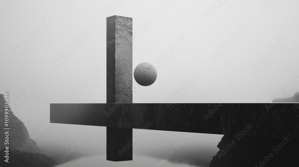 Aufkleber a minimalistic black and white image featuring a vertical pillar and a floating sphere above a horiz