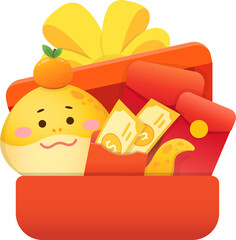 Red gift box with cute snake mascot to celebrate Chinese New Year