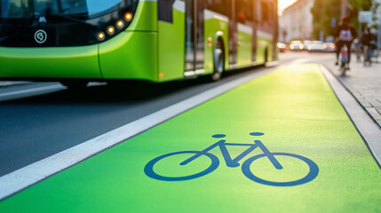 futuristic transportation system with electric buses and bike lanes