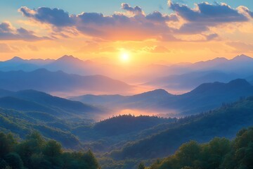 Fototapeta premium Majestic Mountain Ridge Sunrise with Mist and Expansive Horizon View : Generative AI