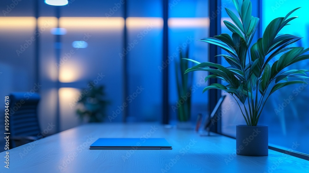 Poster a modern office scene featuring a desk with a notepad and a potted plant, illuminated by soft blue l