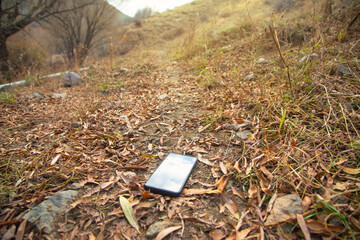 Black smartphone lost in nature.