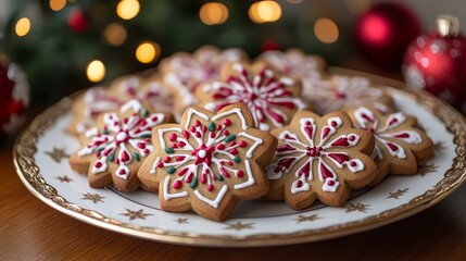 Beautifully decorated gingerbread cookies on a festive plate for the holidays