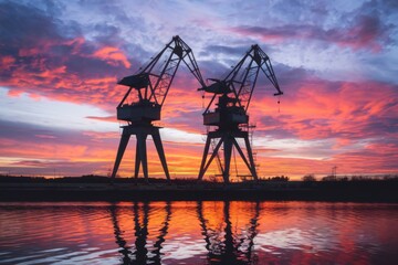 Obraz premium Two harbor cranes reflecting in water at dramatic sunset