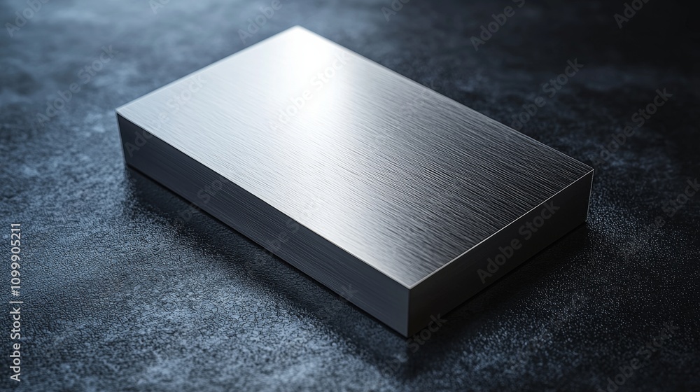 Poster a sleek, metallic rectangular object sits on a dark surface, reflecting light with a textured finish