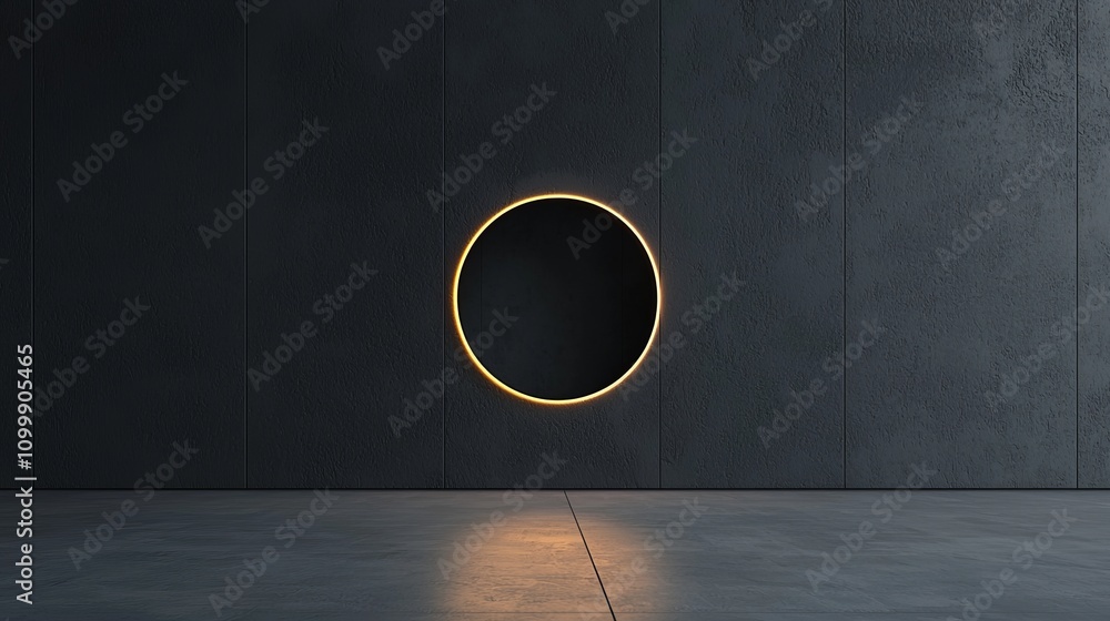 Poster a minimalistic interior featuring a dark wall with a glowing circular opening, creating an intriguin