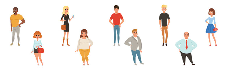 Fototapeta premium Man and Woman Character Wear Fashion Clothes in Standing Pose Vector Set