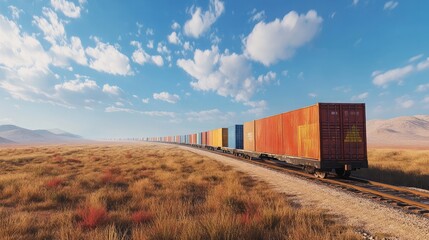 Fototapeta premium Freight train loaded with shipping containers moving through a vast landscape