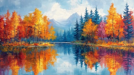 Obraz premium Autumnal Forest Lake Reflecting Colorful Trees and Mountains