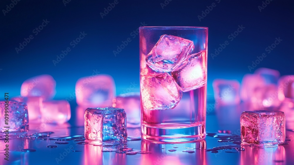 Poster a vibrant glass filled with ice cubes, illuminated by colorful lights, creating a refreshing and mod