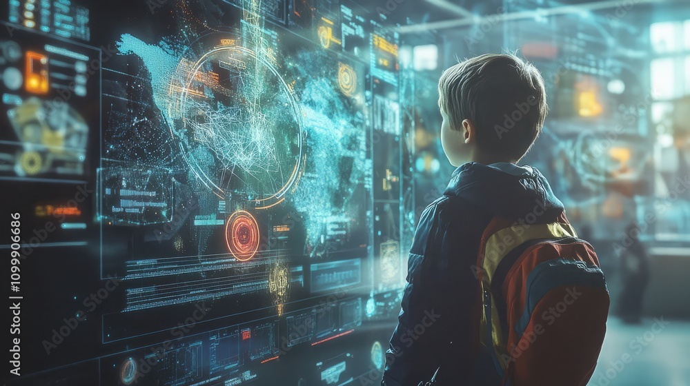 Poster futuristic education system featuring ai-driven interactive holographic teaching tools representatio
