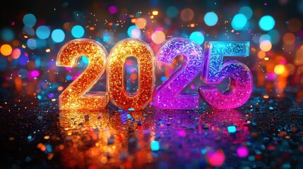 Colorful sparkle numbers 2025 celebrating New Year with vibrant bokeh lights background.