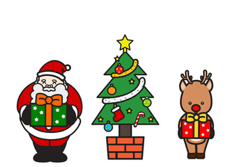 クリスマスツリーの前でプレゼントを持つトナカイとサンタクロース