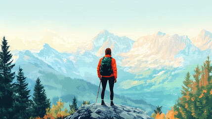Obraz premium Lone hiker standing in front of a panorama in the mountains. Nature. Illustration