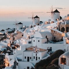 Fototapeta premium Whitewashed Greek Village Sunset Windmills Seascape