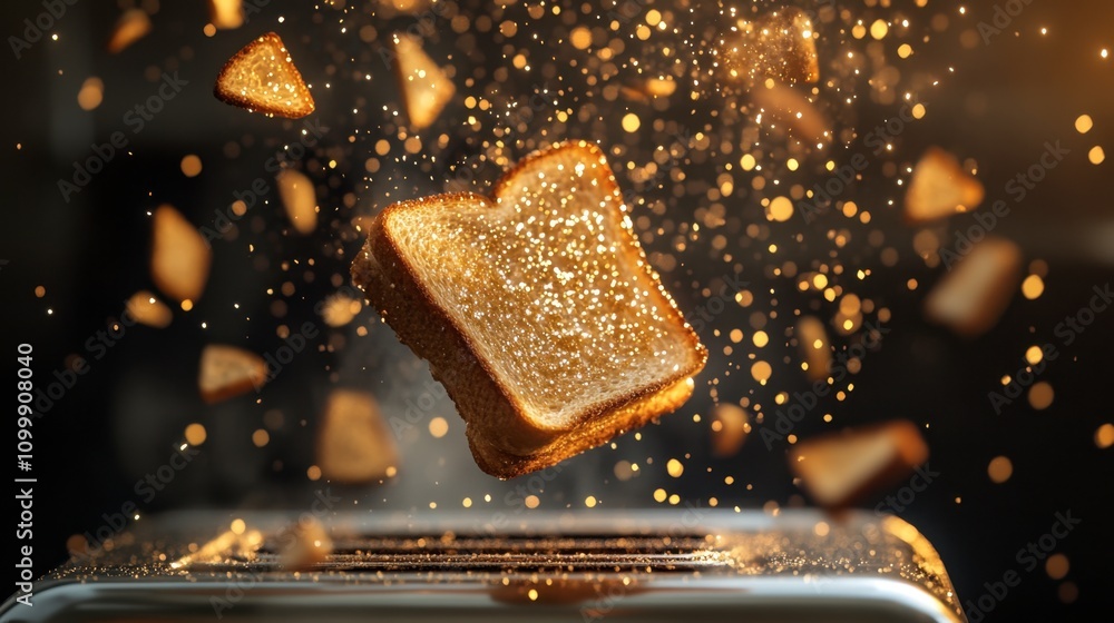 Poster flying toast slice with sparkles above a toaster in motion