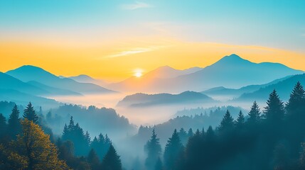 Obraz premium Serene Mountain Sunrise Over Misty Evergreen Forests in Tranquil Landscape : Generative AI