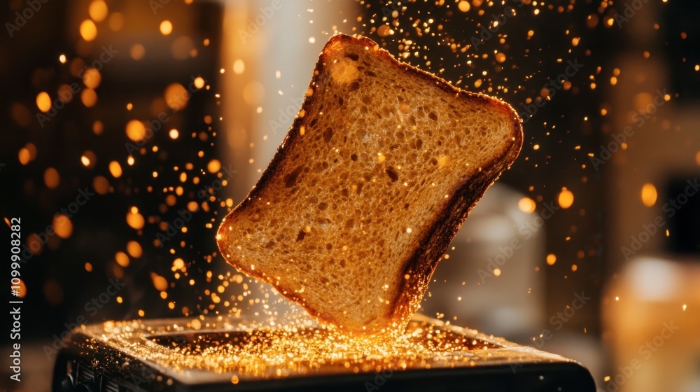 Poster toasted bread slice rising from toaster with sparkles in background