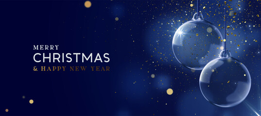 Merry Christmas and Happy New Year banner. Realistic 3d design Elegant Christmas glass ornaments hanging on ribbon, golden confetti on dark blue background. Xmas two bauble balls. Vector illustration