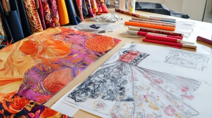 Fototapeta premium Vibrant Fashion Design Workspace with Colorful Fabrics and Sketches