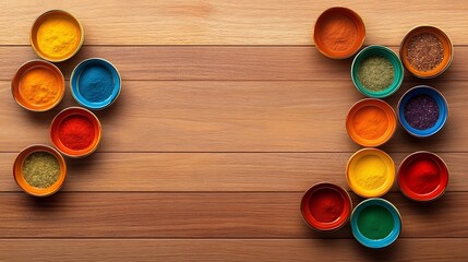 Vibrant Spices in Colorful Bowls Arranged on Wooden Table