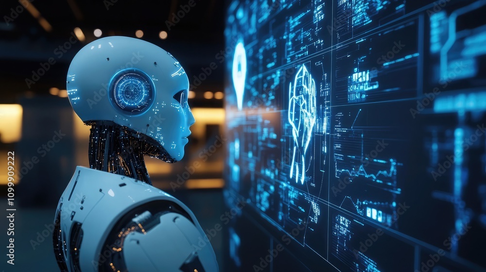 Poster holographic ai assistant projecting detailed analytics and predictive models in real time dynamic fu