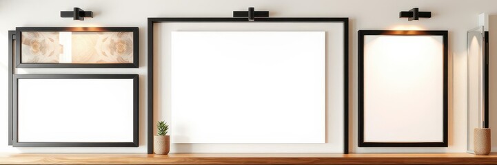 A collection of modern hanging gallery frames mockups against a white wall background, decoration, home