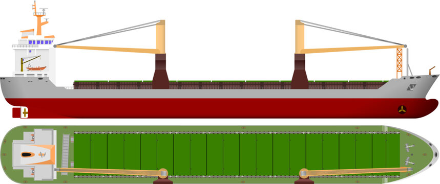 Empty Container Cargo Ship. Side and top view of a general cargo vessel with its own cranes. Isolated vector illustration.