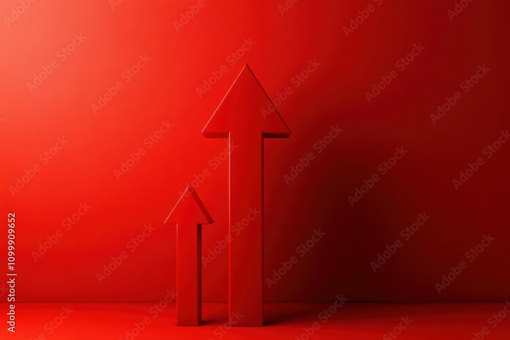 Poster two upward pointing arrows on a bold red background representing growth and progress.