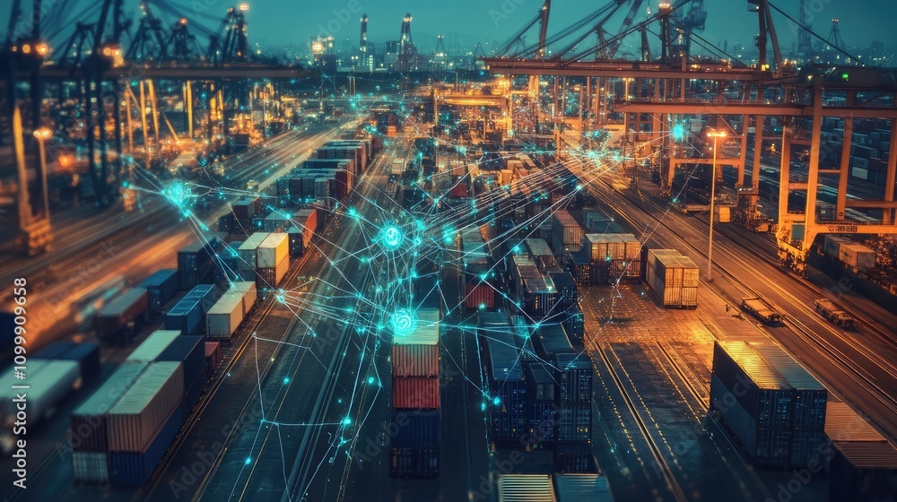 Poster holographic projection of a global ai network managing transportation and logistics visualization of