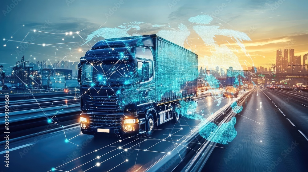 Poster holographic world map visualizing ai algorithms managing global logistics systems illustration of in