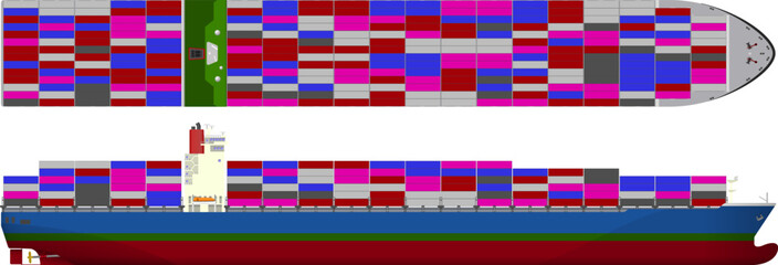 Fototapeta premium Large Container Ship. Blue container vessel with single accommodation block. Side and top profile. Isolated vector illustration.