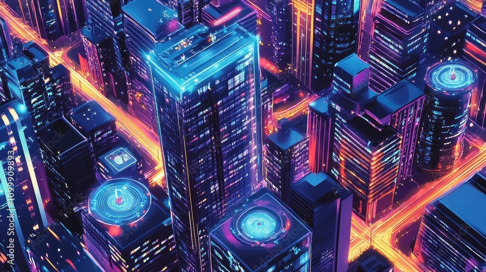 Poster illustration of ai managing urban infrastructure in a smart city with iot and data interfaces