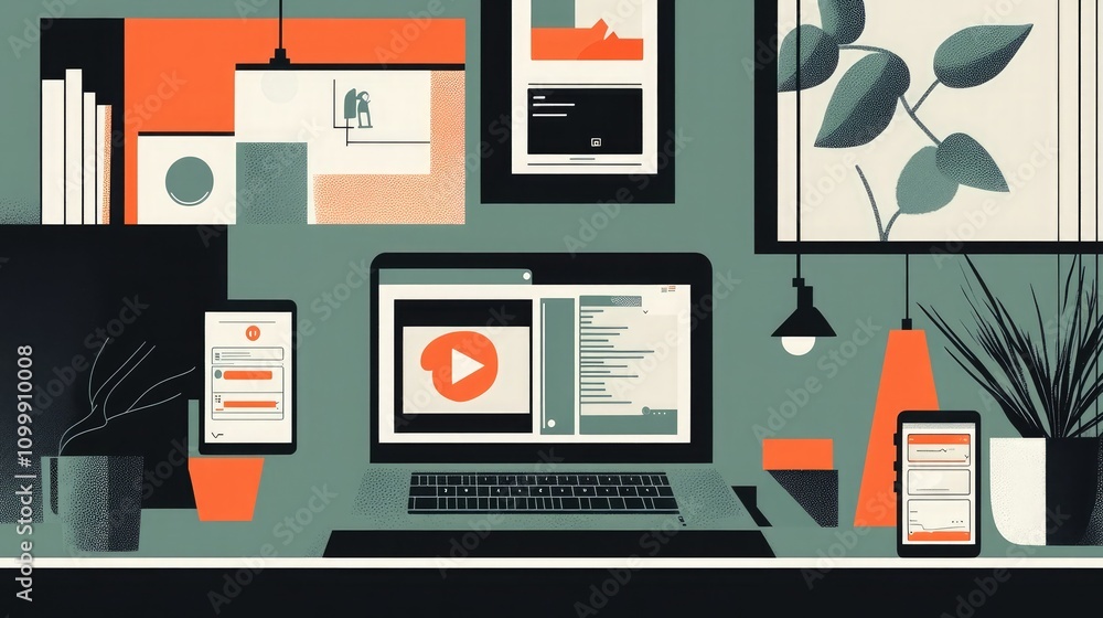 Poster illustration of remote collaboration tools synchronizing tasks between laptops and smartphones