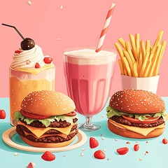 Two cheeseburgers, fries, strawberry milkshake, and a cherry milkshake on a pastel background.